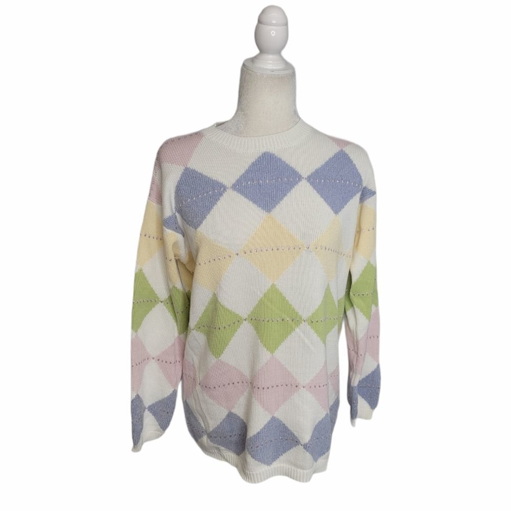 VINTAGE 90s sweater oversized argyle metallic academia S